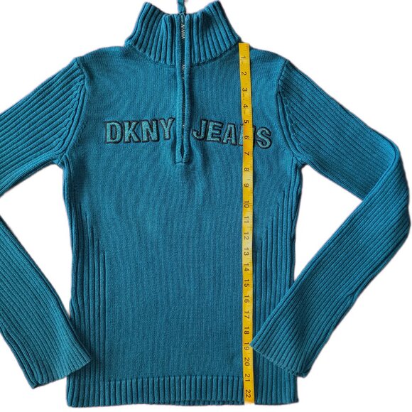 DKNY Jeans | Vintage Peacock Blue ¼ Zip Logo Mock Neck Sweater | M - Picture 4 of 9